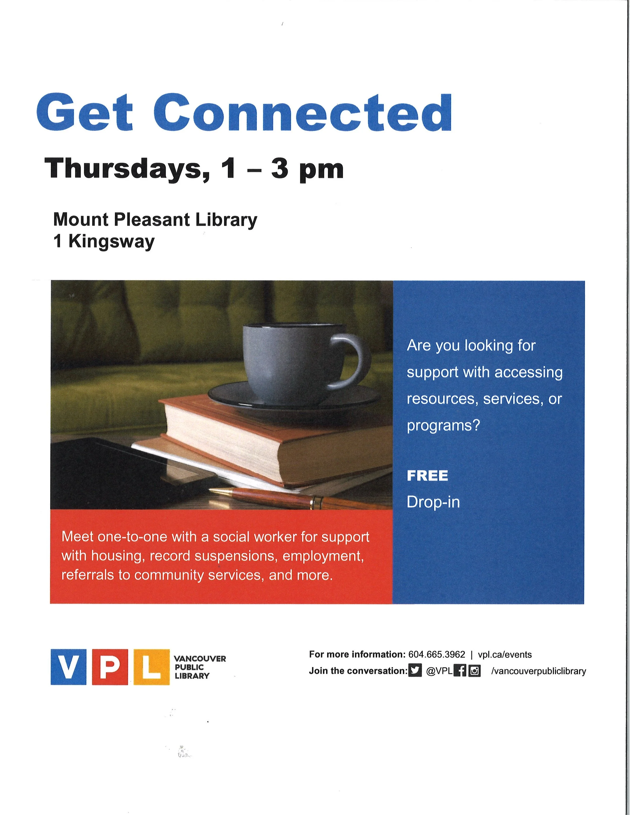 Flyer for 'Get Connected' events at Mount Pleasant Library, featuring a table with a coffee mug, books, a phone, and a pen, with details about social support services and contact information.