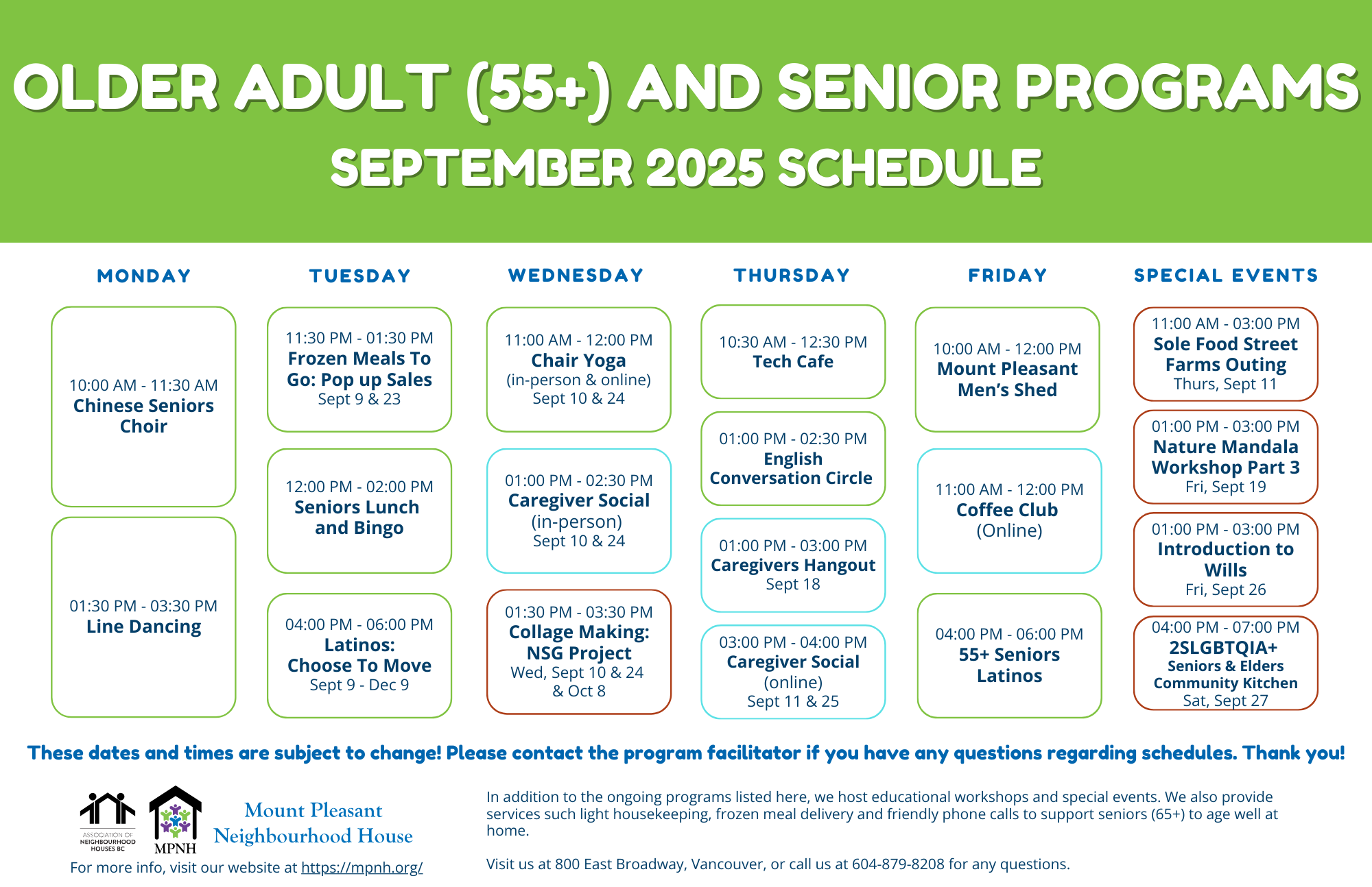 Schedule for older adult and senior programs at Mount Pleasant Neighborhood House in September 2025, including various activities and special events throughout the week.