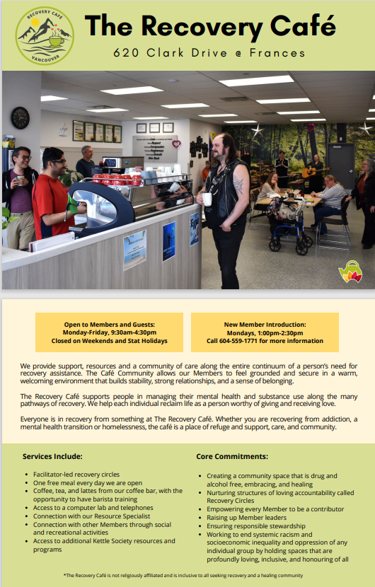 Interior photo of The Recovery Café in Vancouver, showing people at the counter, some holding cups, and others sitting at tables. A mural of trees and nature is in the background, with musicians playing guitar and singing. The cafe has a welcoming atmosphere with a reception area, informational posters, and a small logo of a heart with a cross.