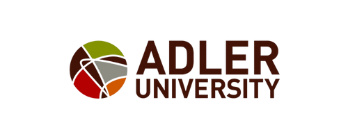 Adler University logo with circular emblem and text.