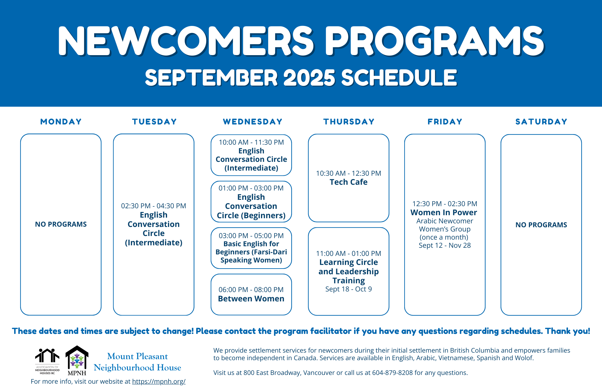 September 2025 newcomers programs schedule at Mount Pleasant Neighbourhood House, with dates, times, and descriptions of various English and leadership circles, tech cafe, and women's group activities, with no programs scheduled on Mondays and weekends.