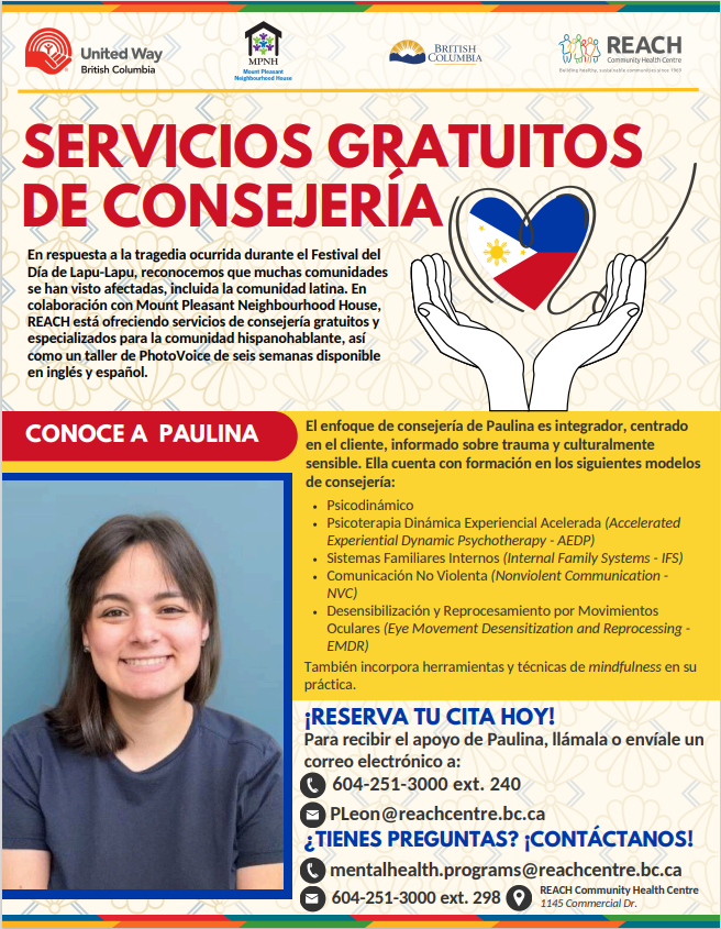 Flyer for free counseling services in Spanish and English, provided by the Reach Community Health Centre in British Columbia, featuring a photo of Paulina, a counselor, and contact information for appointments and questions.