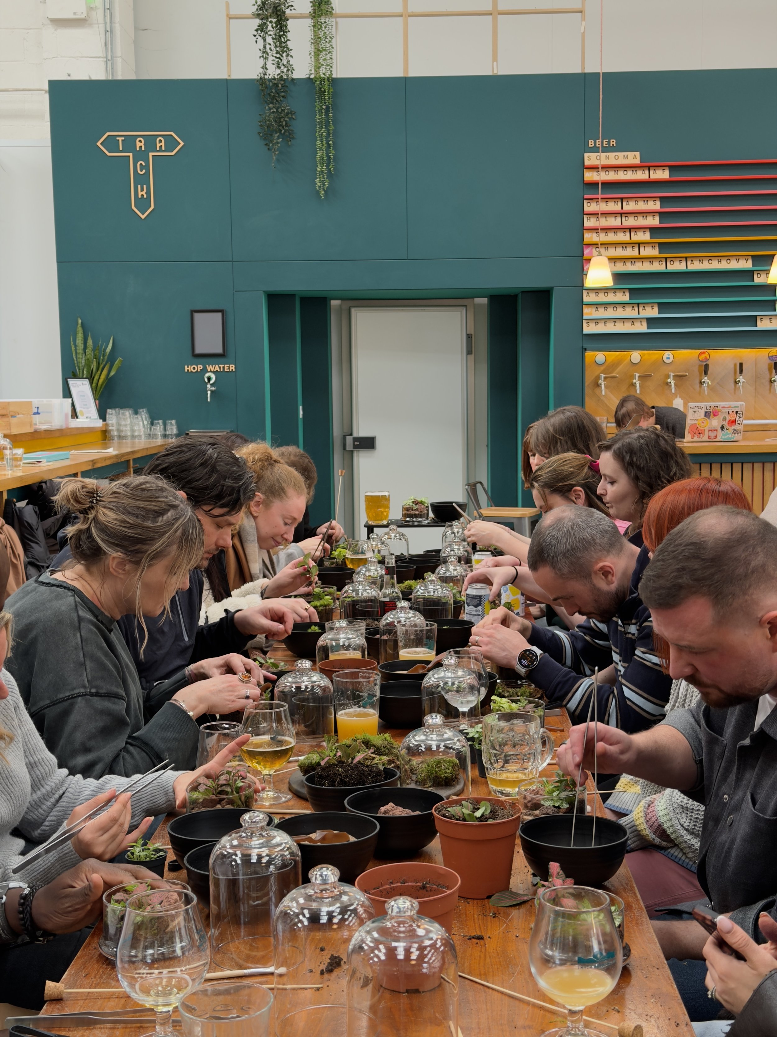 People participating in a plant terrarium making workshop at a long wooden table, with various plants, soil, and glass containers.
