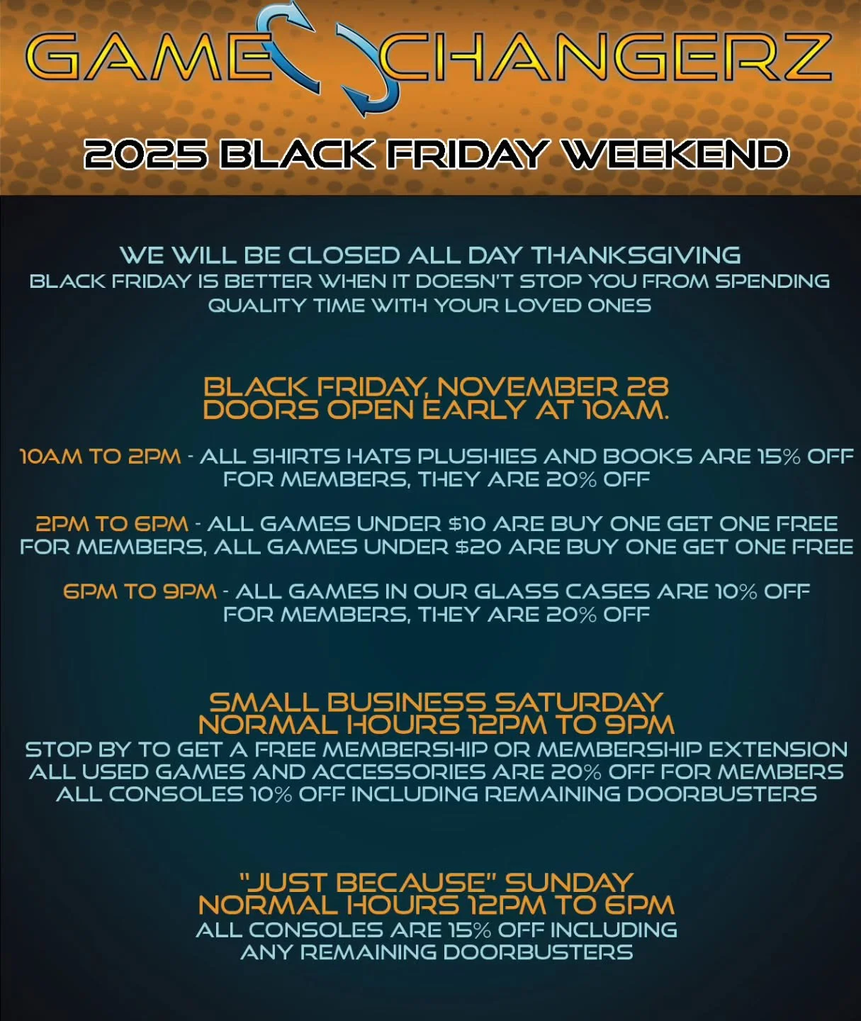 Black Friday this year is gonna be AWESOME! We've got some sweet sales, awesome stuff you never see in the wild, and markdowns that'll make you feel like you're back in the 90s
https://gamechangerz.com/blackfriday