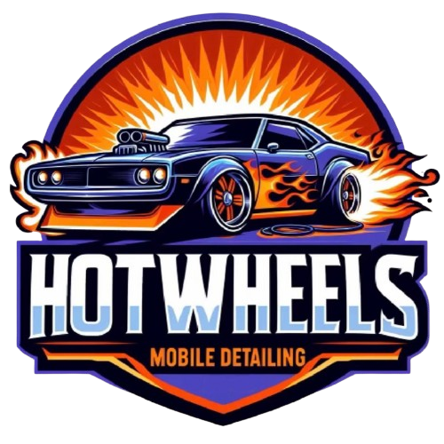 Logo of Hot Wheels Mobile Detailing featuring a stylized black muscle car with flames, with orange and yellow flames and a blue background.