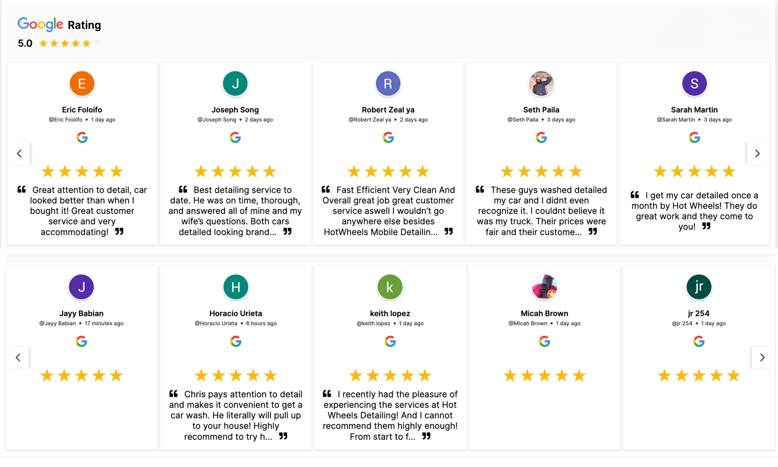 Google reviews for a car detailing service, showing ratings, reviewer names, and comments praising the service quality and attention to detail.