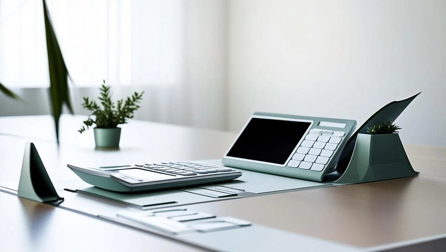 Modern office desk with a white telephone, calculator, small potted plants, and a desk mat.