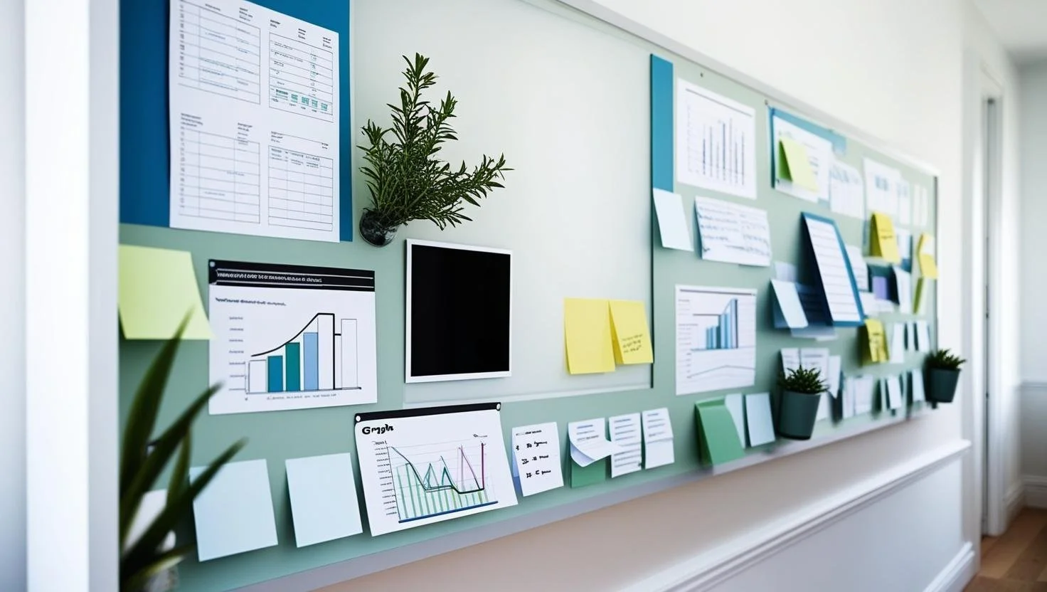 Office bulletin board with charts, graphs, sticky notes, and potted plants.