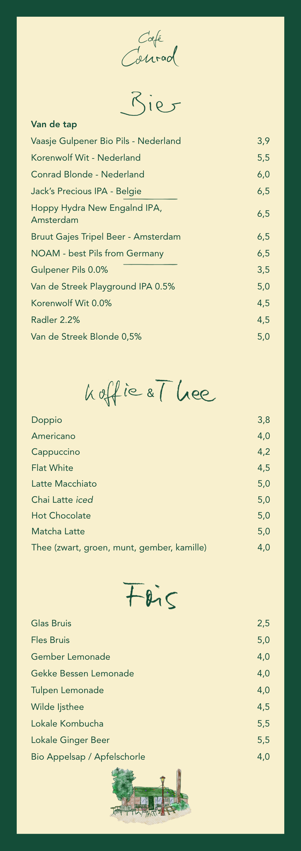 Menukaart van Café Courage met drank- en koffie-/thee-menu's, inclusief bier, frisdranken en warme dranken, met een tekening van een café onderaan.
