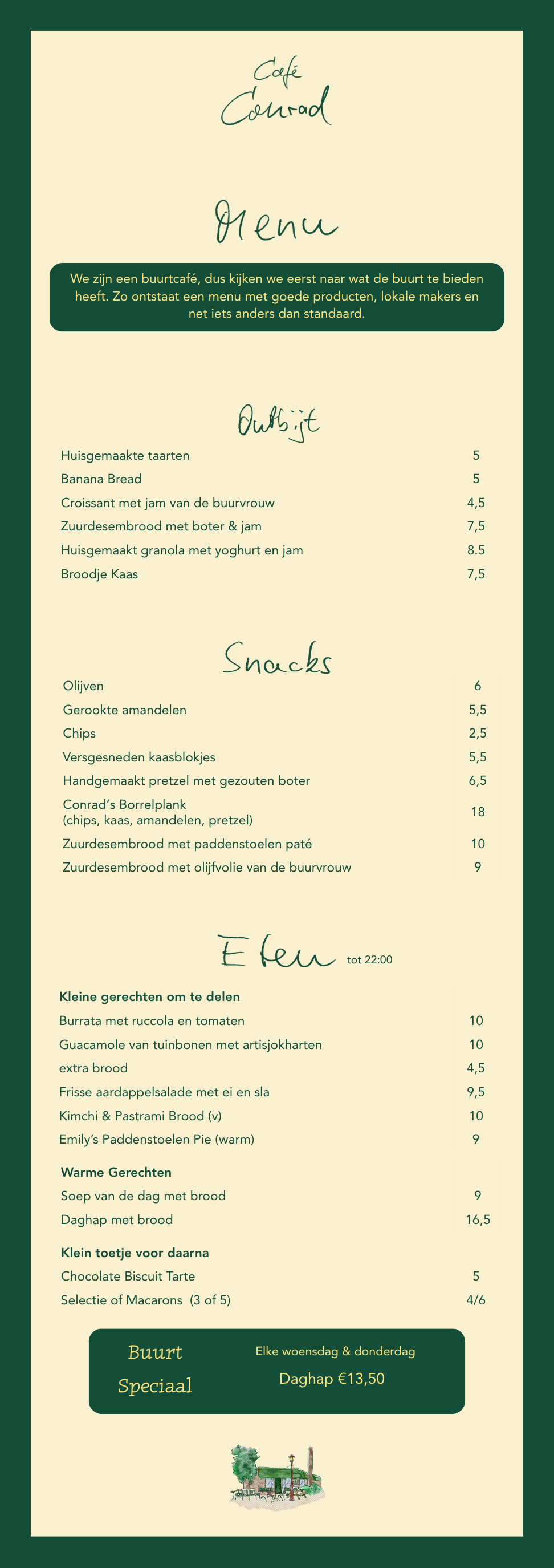 Menukaart van Café Courard met gerechten en prijzen, onderverdeeld in ontbijt, snacks, kleine gerechten, warme gerechten en desserts, met een groen en beige ontwerp.