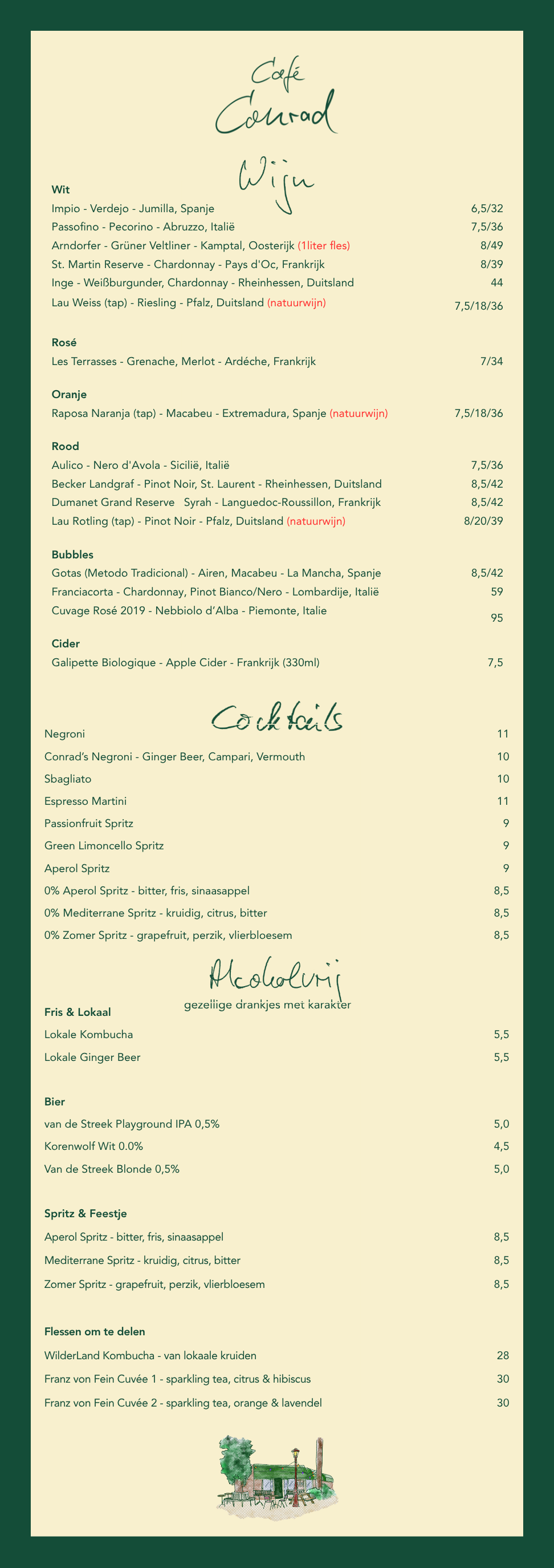 Menukaart van een café met wijn, cocktails, bier en shared drinks, inclusief namen en prijzen, met een klein tekening van de buitenkant van het café onderaan.