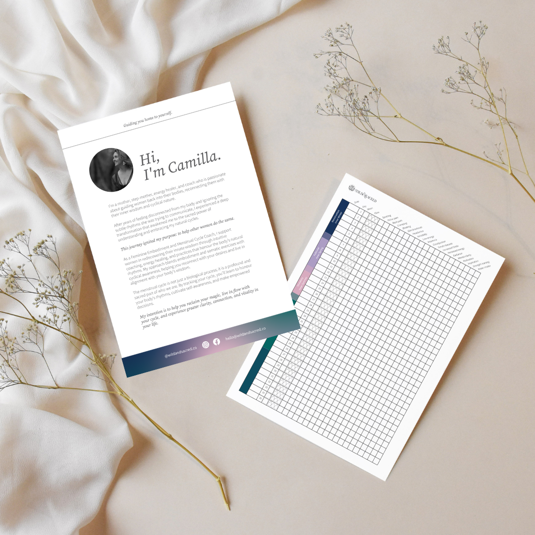 Two sheets of paper on a beige surface with white fabric and dried flowers; one sheet introduces someone named Camilla, and the other is a chart.