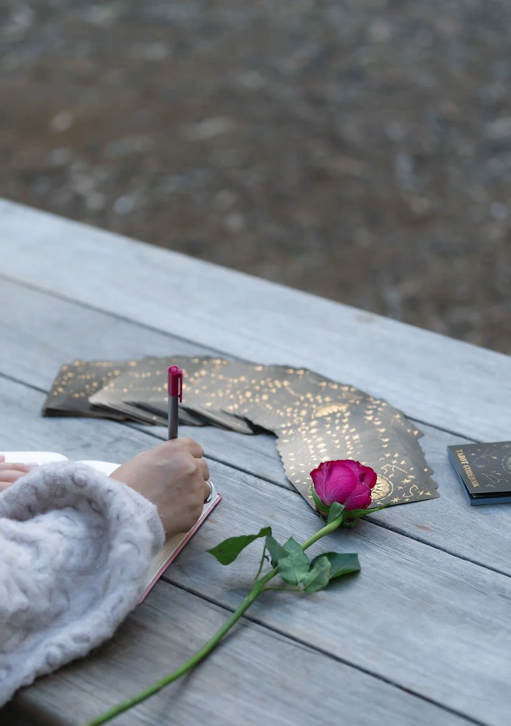 Wild & Sacred Feminine Embodiment Coaching close up photo of Camilla writing in a journal at a timber table with tarot cards and a red rose