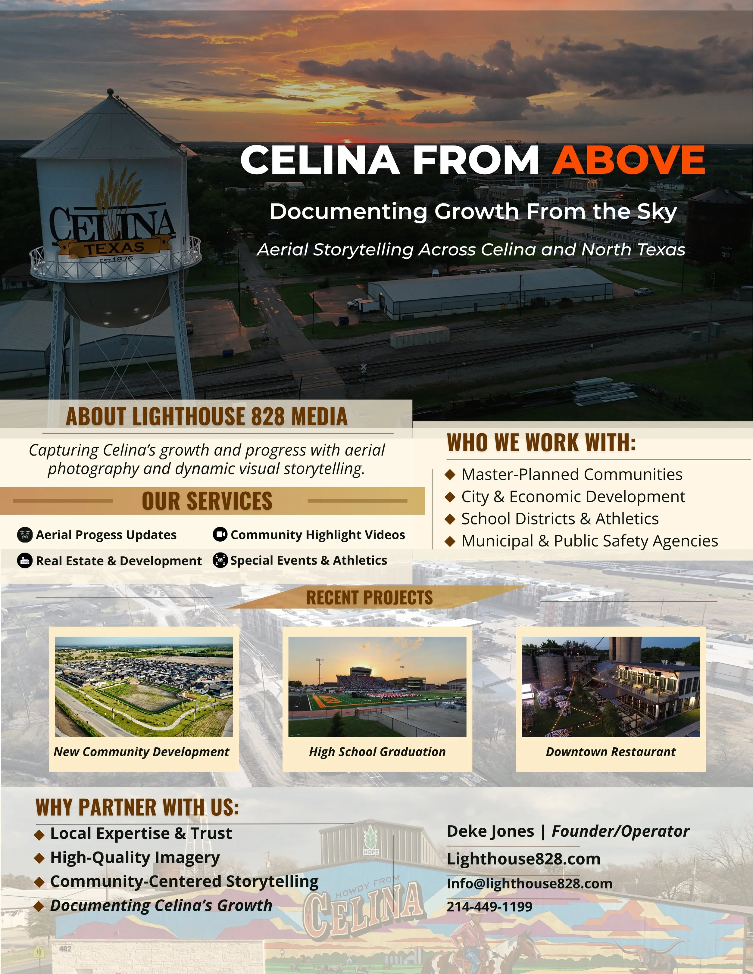 Lighthouse 828 Media capabilities featuring aerial photography and drone services for real estate developments, construction projects, events, and more in the Celina, Texas, and North Texas area.