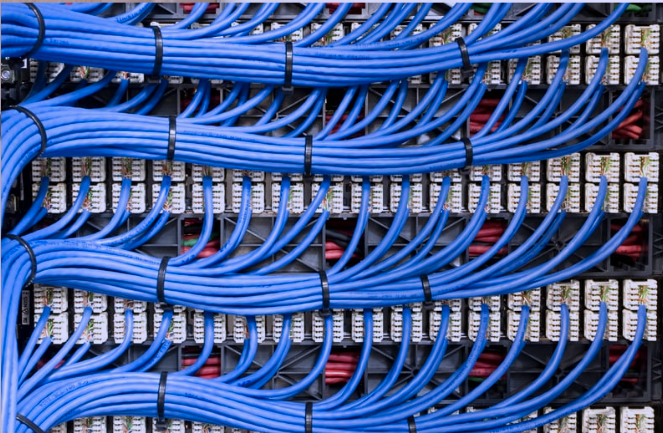 Multiple blue Ethernet cables connected to a network switch or patch panel.