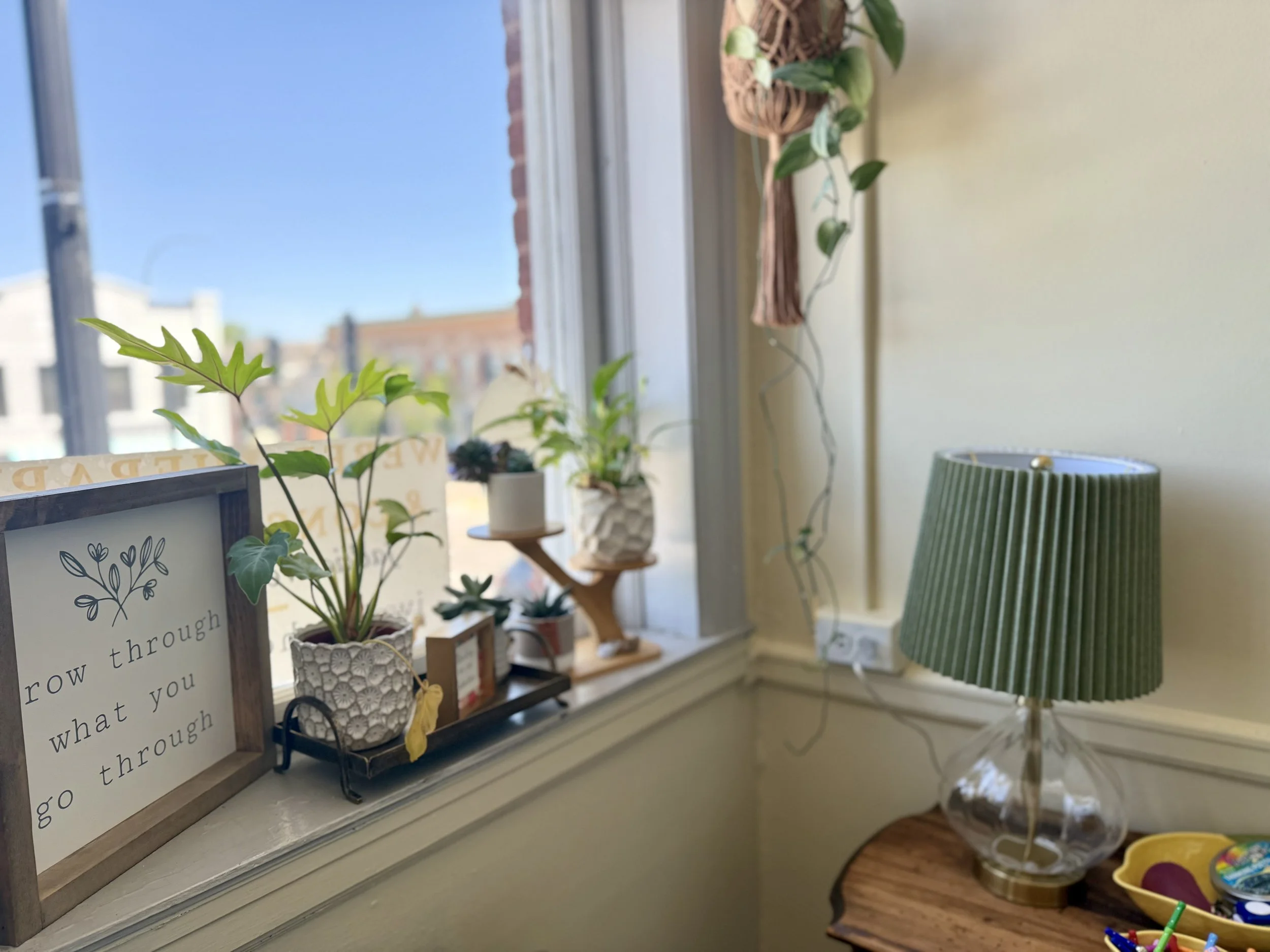 A window sill decorated with potted plants, framed artwork, and a table lamp with a green and white striped shade. The window provides a view of a neighborhood with buildings and a blue sky.
