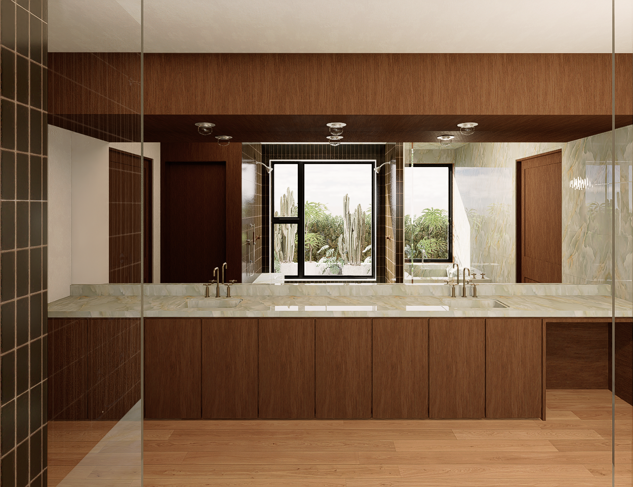Rose Renovation — primary bath vanity in deep green with a long stone counter, Venice, Los Angeles