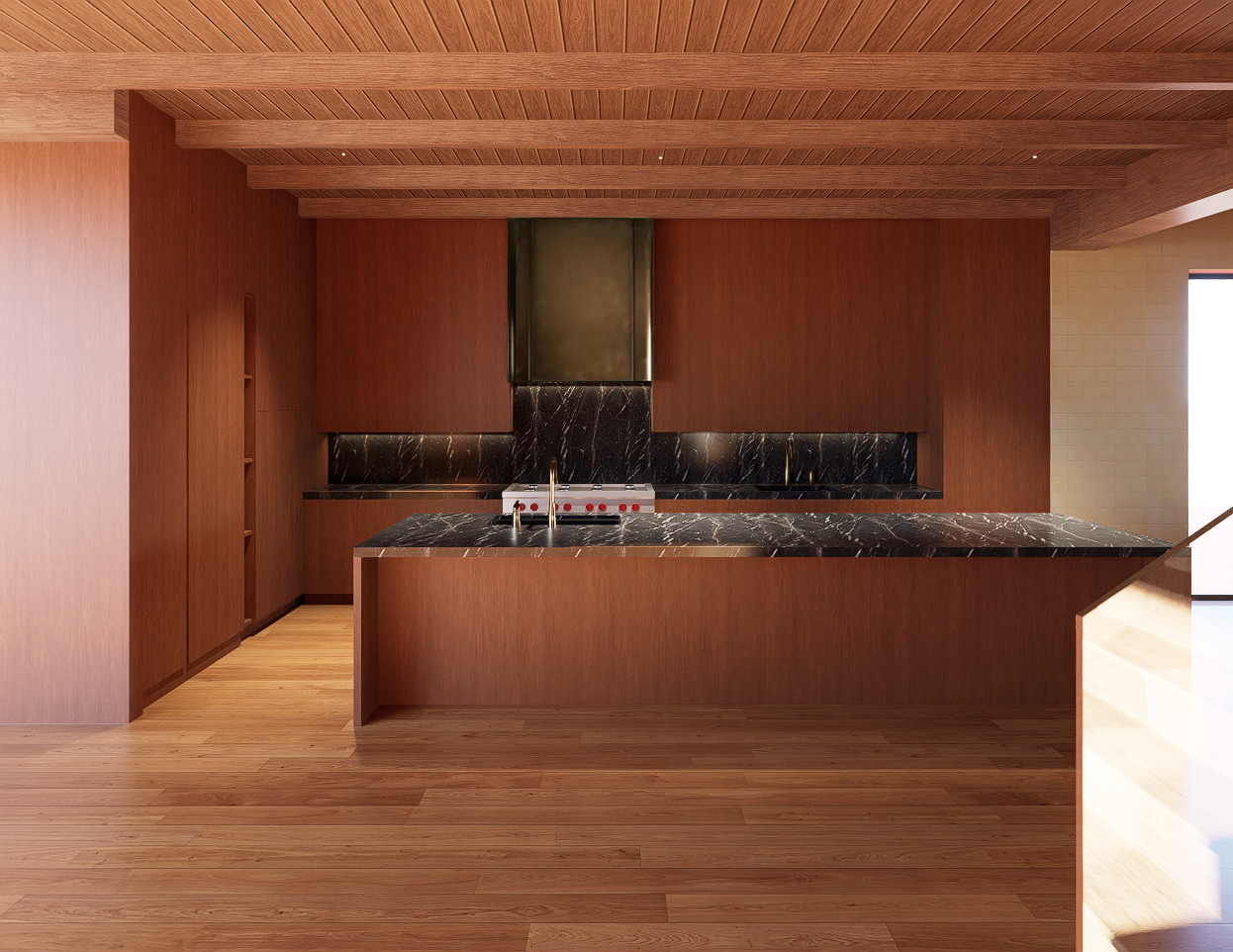 Rose Renovation — kitchen with rich wood cabinetry, stone counters and a wood-slat ceiling, Venice, Los Angeles