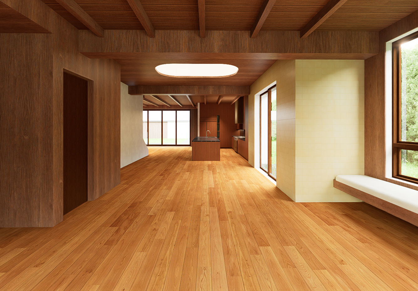 Rose Renovation — living, dining and kitchen in one warm, wood-lined room, Venice, Los Angeles
