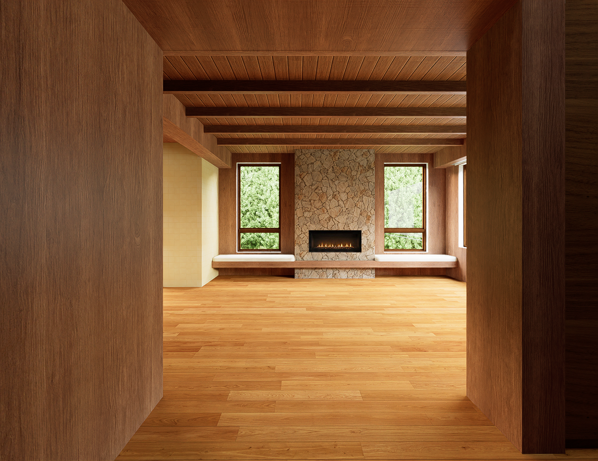 Rose Renovation — foyer opening onto the wood-lined living room and fireplace, Venice, Los Angeles