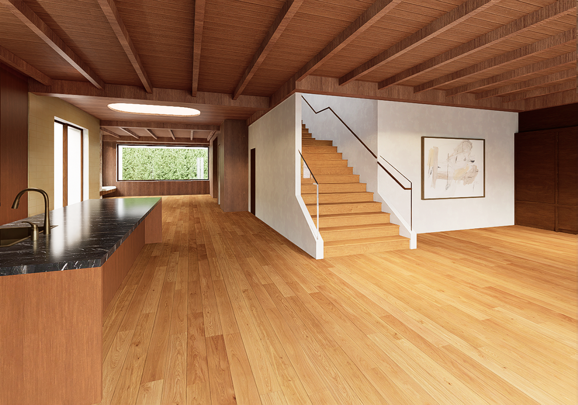 Rose Renovation — open living level with wood floors, a sculptural stair and timber ceiling, Venice, Los Angeles