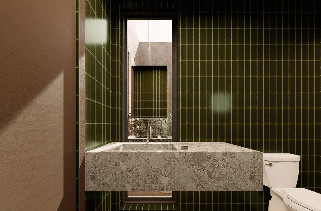 Rose Renovation — green-tiled bathroom with a stone basin, Venice, Los Angeles