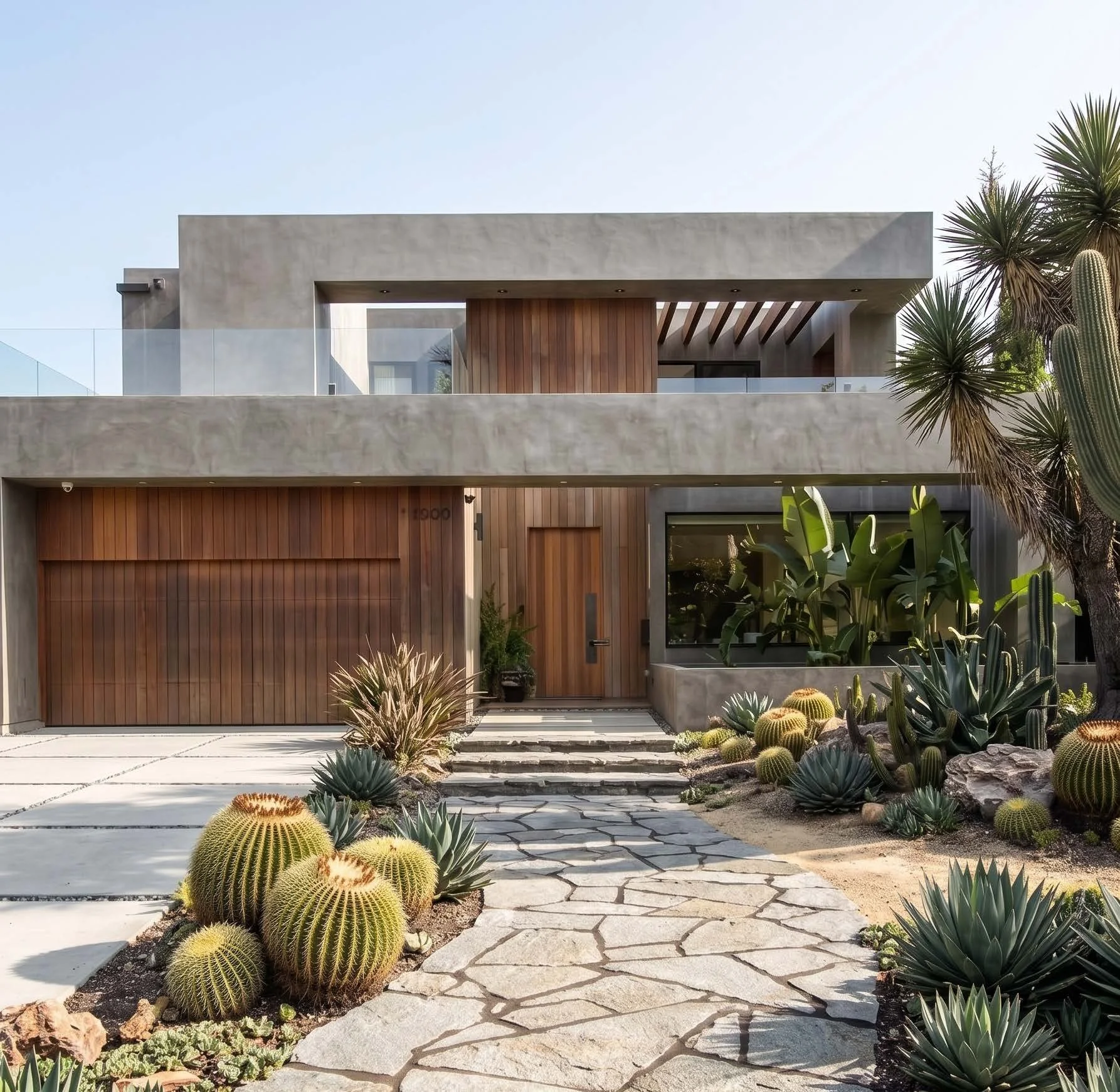 Rose Renovation — street facade with Delta Millworks wood cladding, board-formed plaster and a desert cactus garden, Venice, Los Angeles