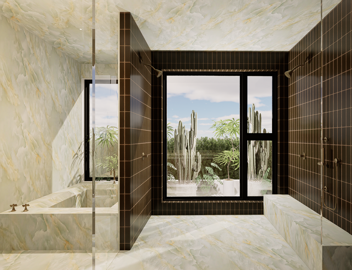Rose Renovation — primary bath with dark green tile framing a garden window, Venice, Los Angeles