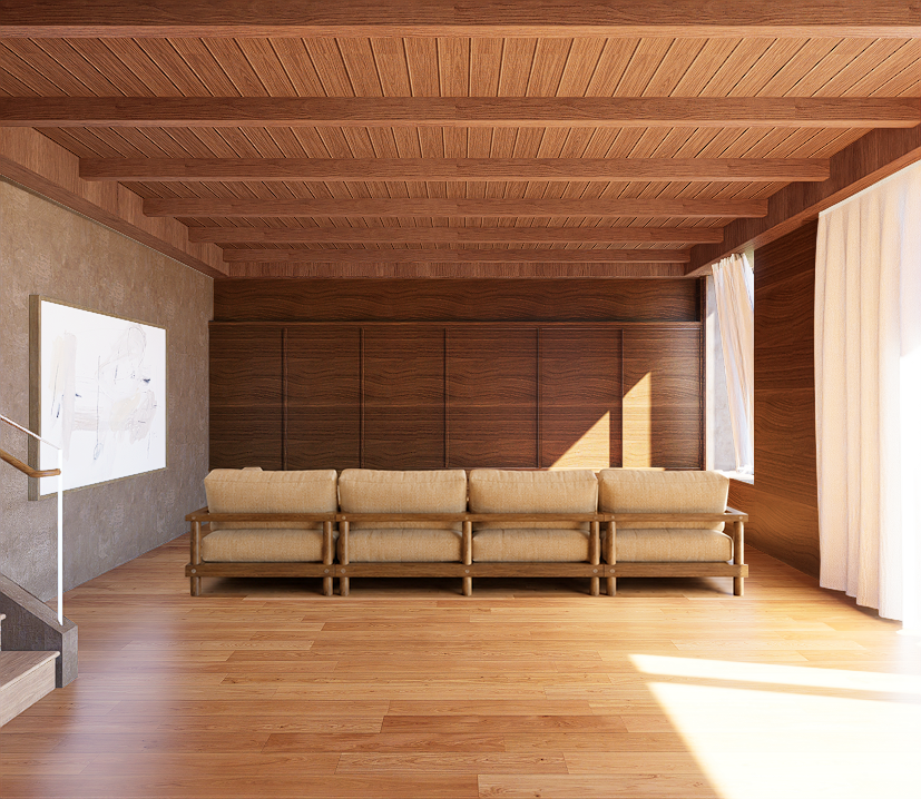 Rose Renovation — TV living room with a built-in timber bench, Venice, Los Angeles