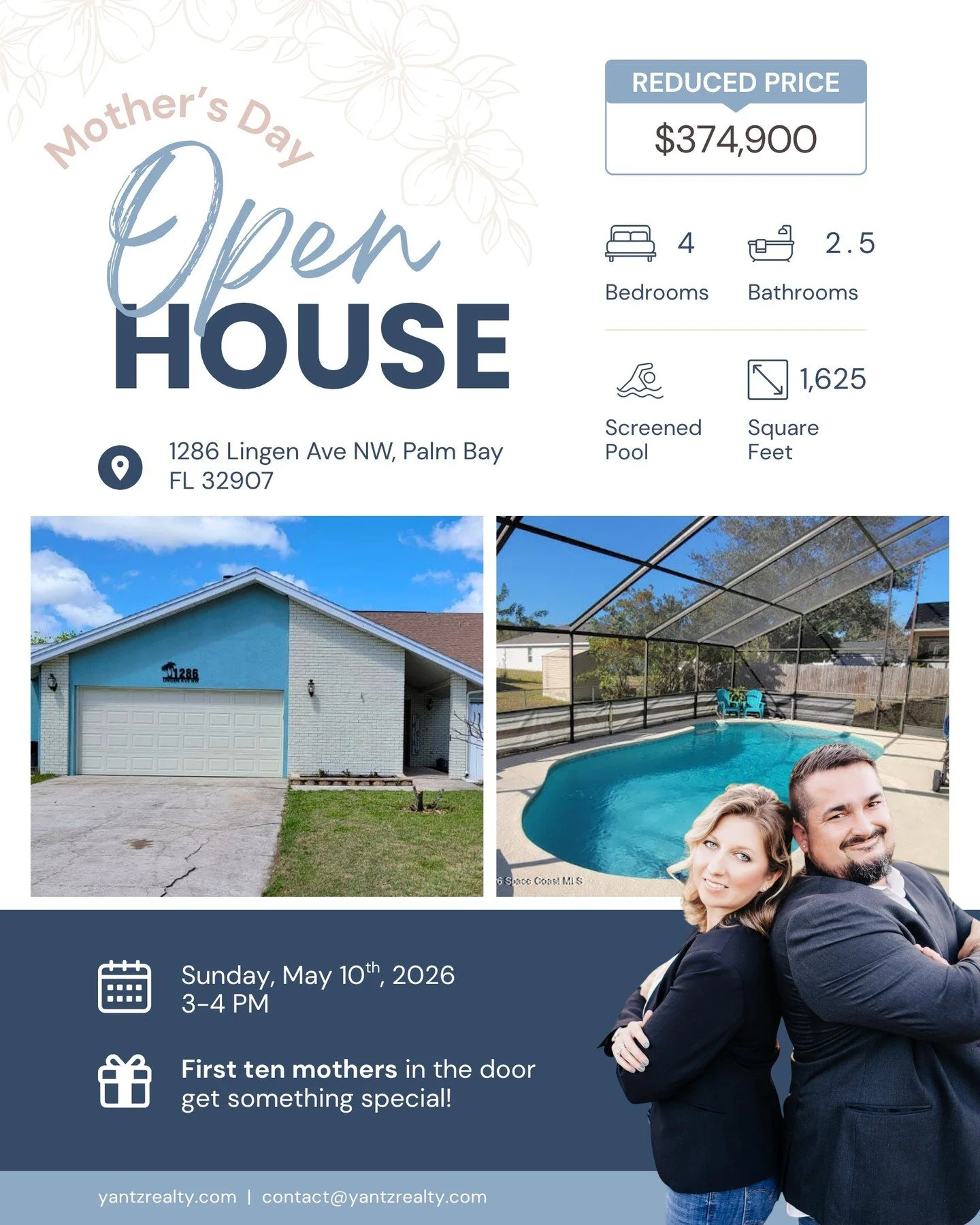 🌸 Mother&rsquo;s Day Open House 🌸
Join us this Sunday at 1286 Lingen Ave NW in Palm Bay and tour this beautiful 4BR pool home with a screened-in lanai and fresh updates throughout! 🏡☀️

💝 The first 10 moms to stop by will receive a special free g