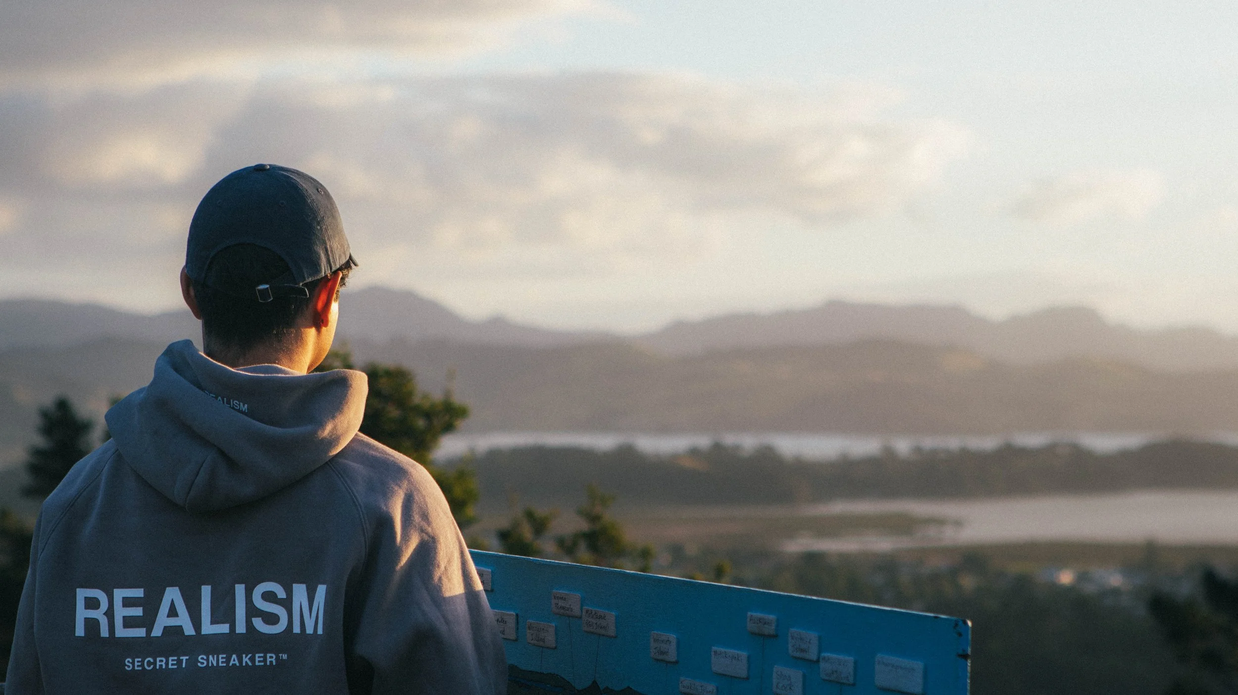 Person wearing a gray hoodie with 'REALISM' printed on the back and a black cap, looking at a scenic landscape with mountains, trees, and a body of water during sunset.