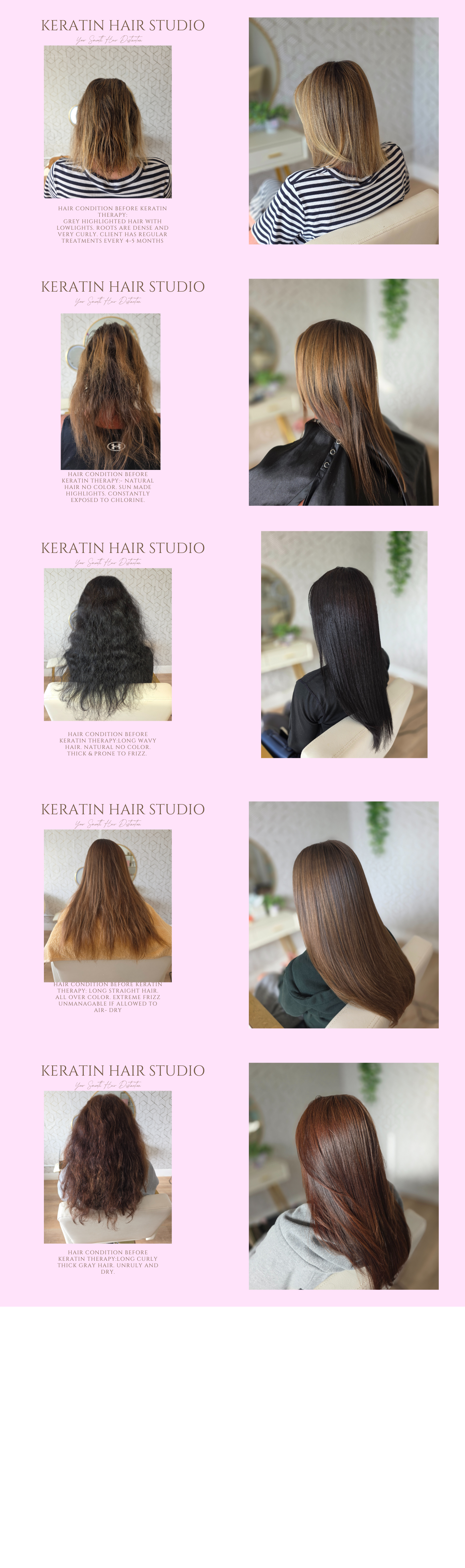 A collage of six before-and-after hair transformation photos at Keratin Hair Studio showing different hair types and styles, with descriptions of each treatment and results.