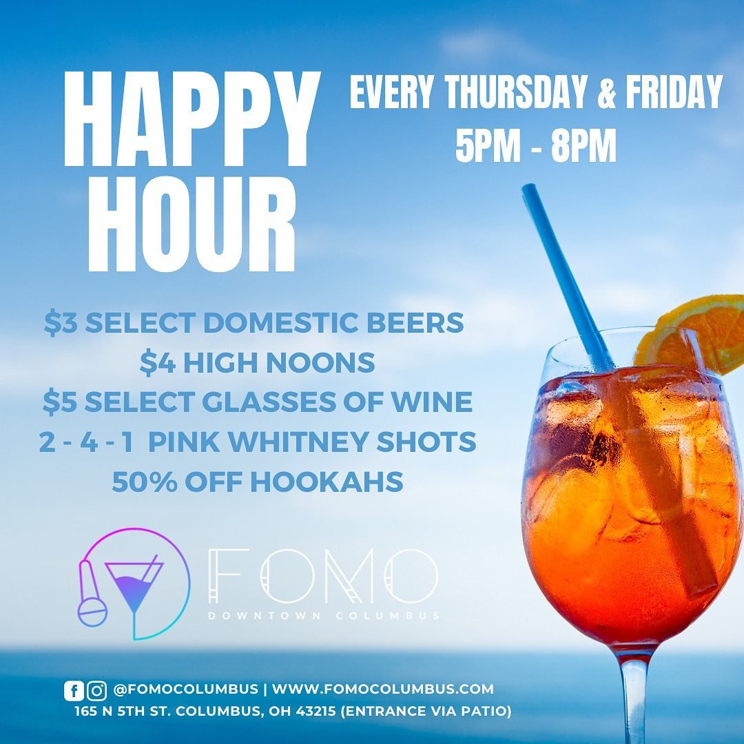 Make sure you catch us for HAPPY HOUR 🍻Patio opens at 5pm
.
.
.

.
.
.
.
#FOMO #FOMOcolumbus #ohio #columbus #bar #lounge #patio #karaoke #dance #spring #beer #drinks #highnoon #hookah #wine #pinkwhitney #shortnorth #lgbtq #downtown #allinclusive #v