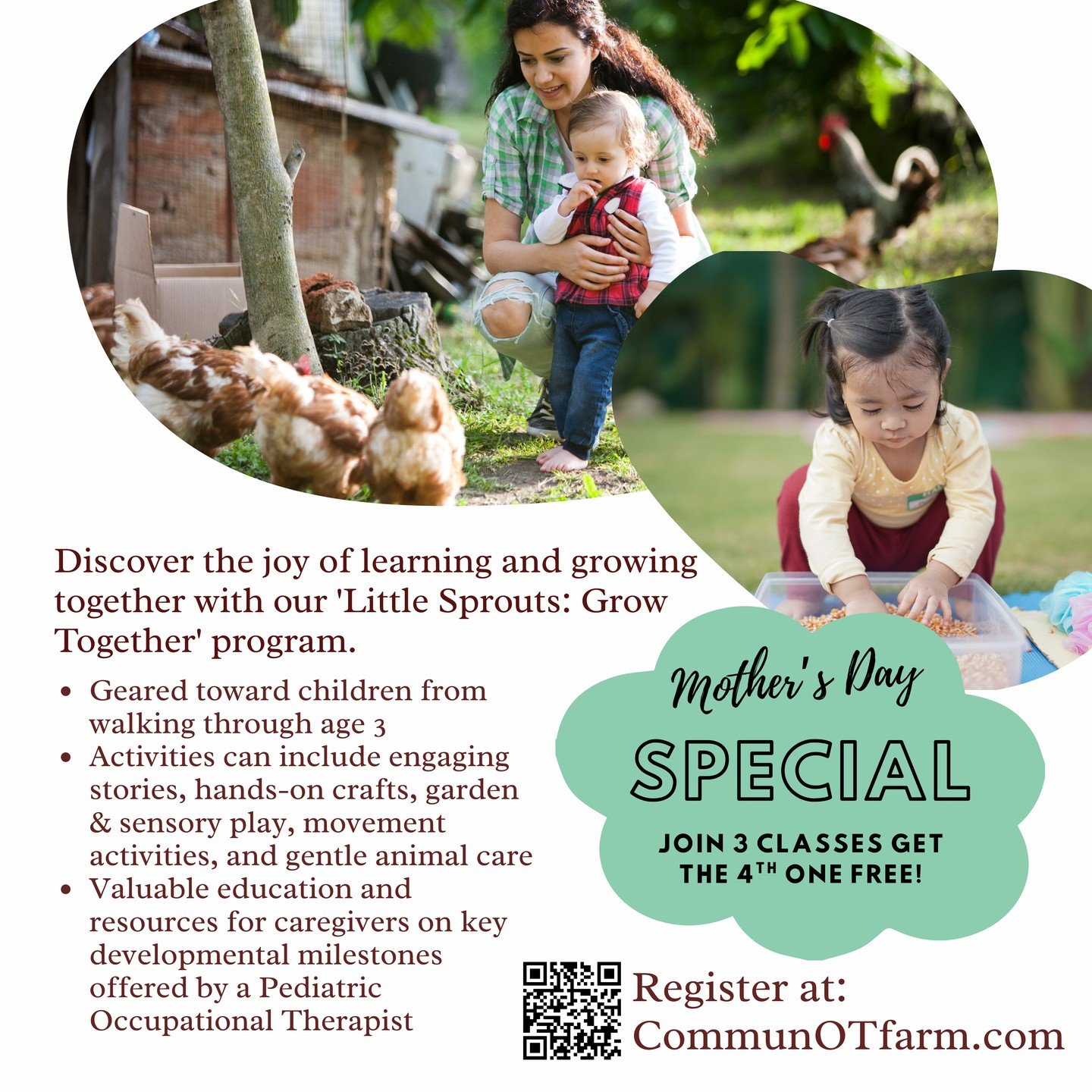 Little Sprouts: Grow Together Celebrate Mother's Month with a special treat for you and your little sprout! Book any three Little Sprouts: Grow Together sessions in May and we'll gift you a fourth session absolutely FREE! Once your three sessions are