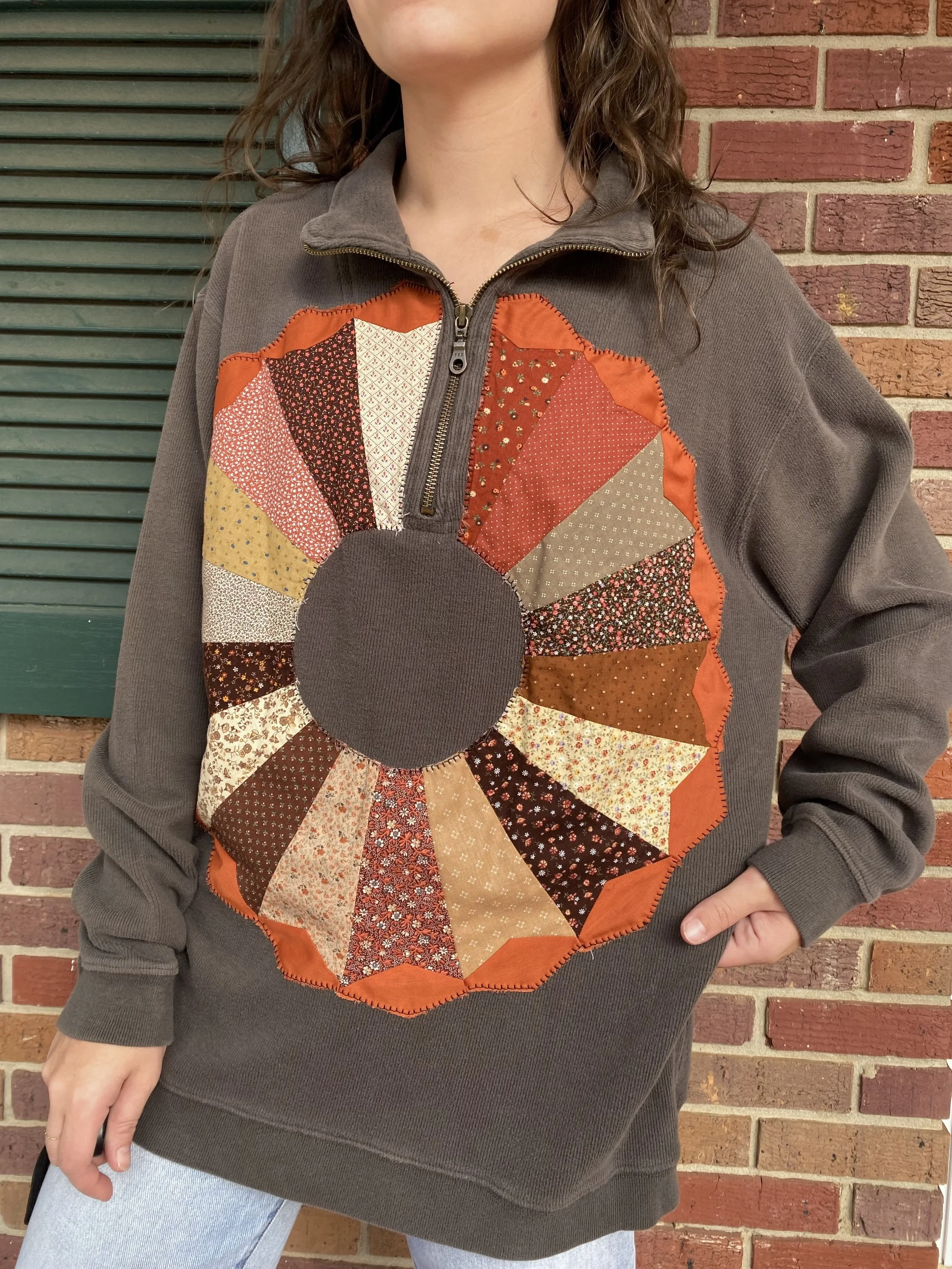 Rusty Quilt Patch Quarter Zip Sweatshirt - L