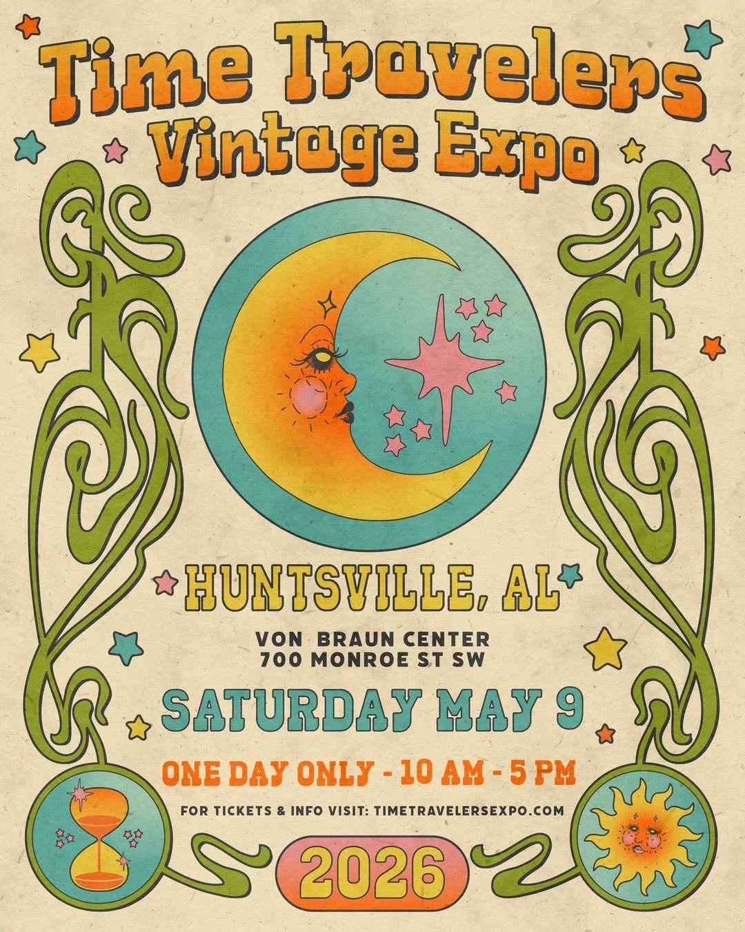 Event poster for the Time Travelers Vintage Expo showing a stylized moon and star design with colorful decorative stars and swirls in a vintage style. Text includes details about a vintage expo in Huntsville, Alabama on Saturday, May 9, 2026, from 10 am to 5 pm.