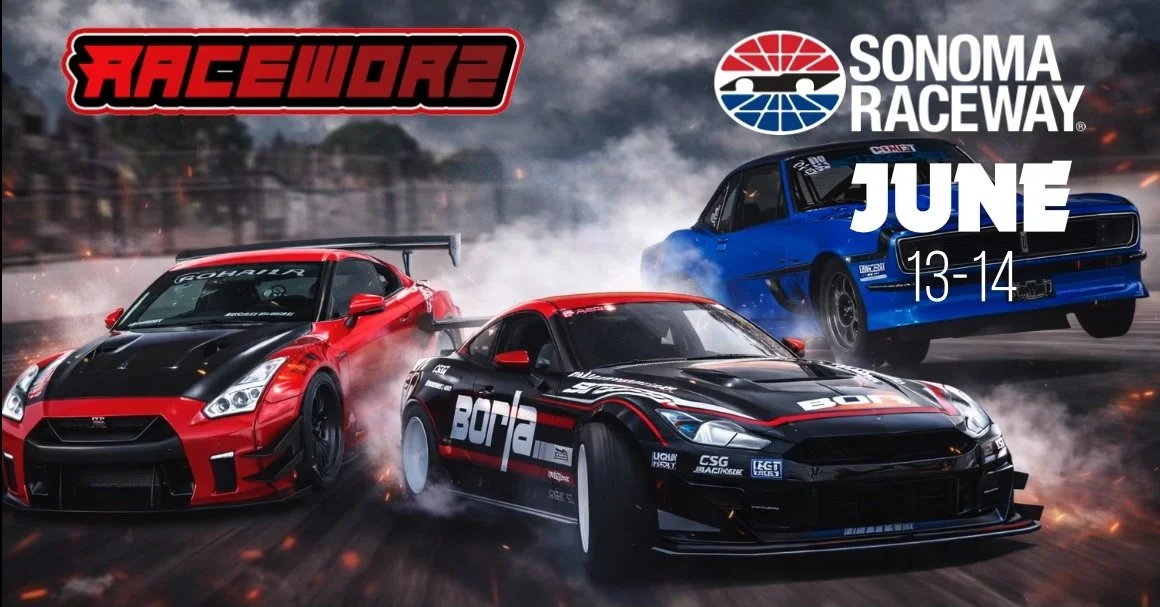 Race cars drifting on a race track at Sonoma Raceway during Raceware event in June.