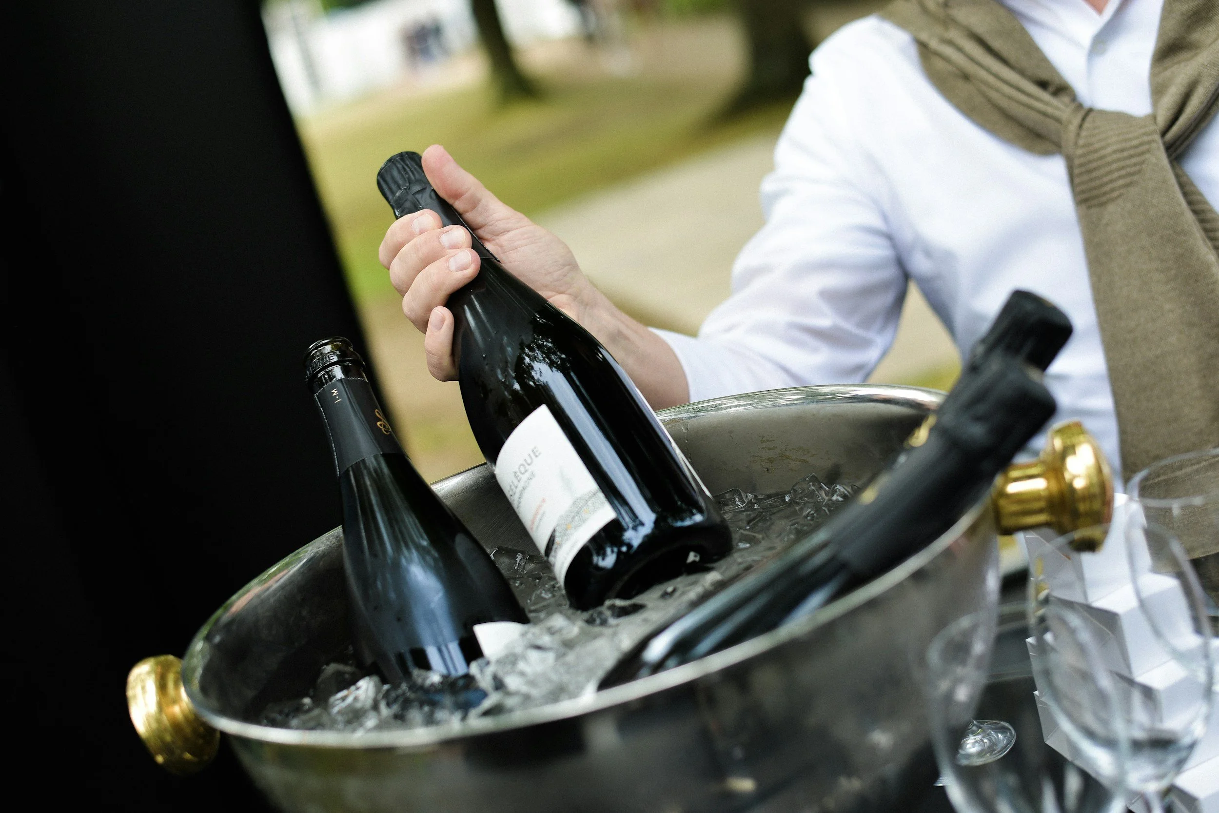 Several bottles of wine chilling in an ice bucket during an outdoor summer wine gathering