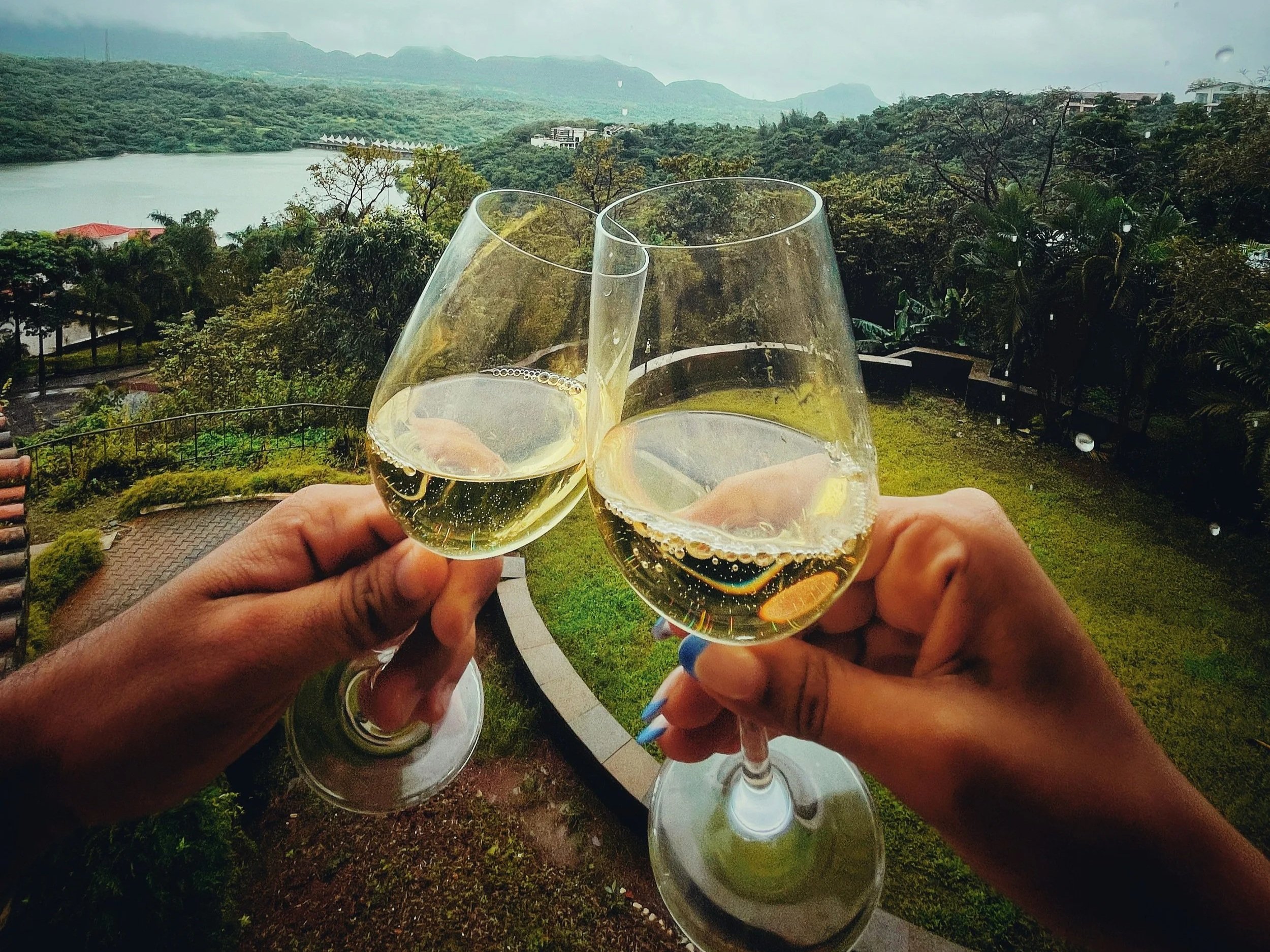Two glasses of chilled white wine raised in a toast overlooking a scenic vineyard landscape and lake, highlighting the enjoyment of refreshing summer white wines.