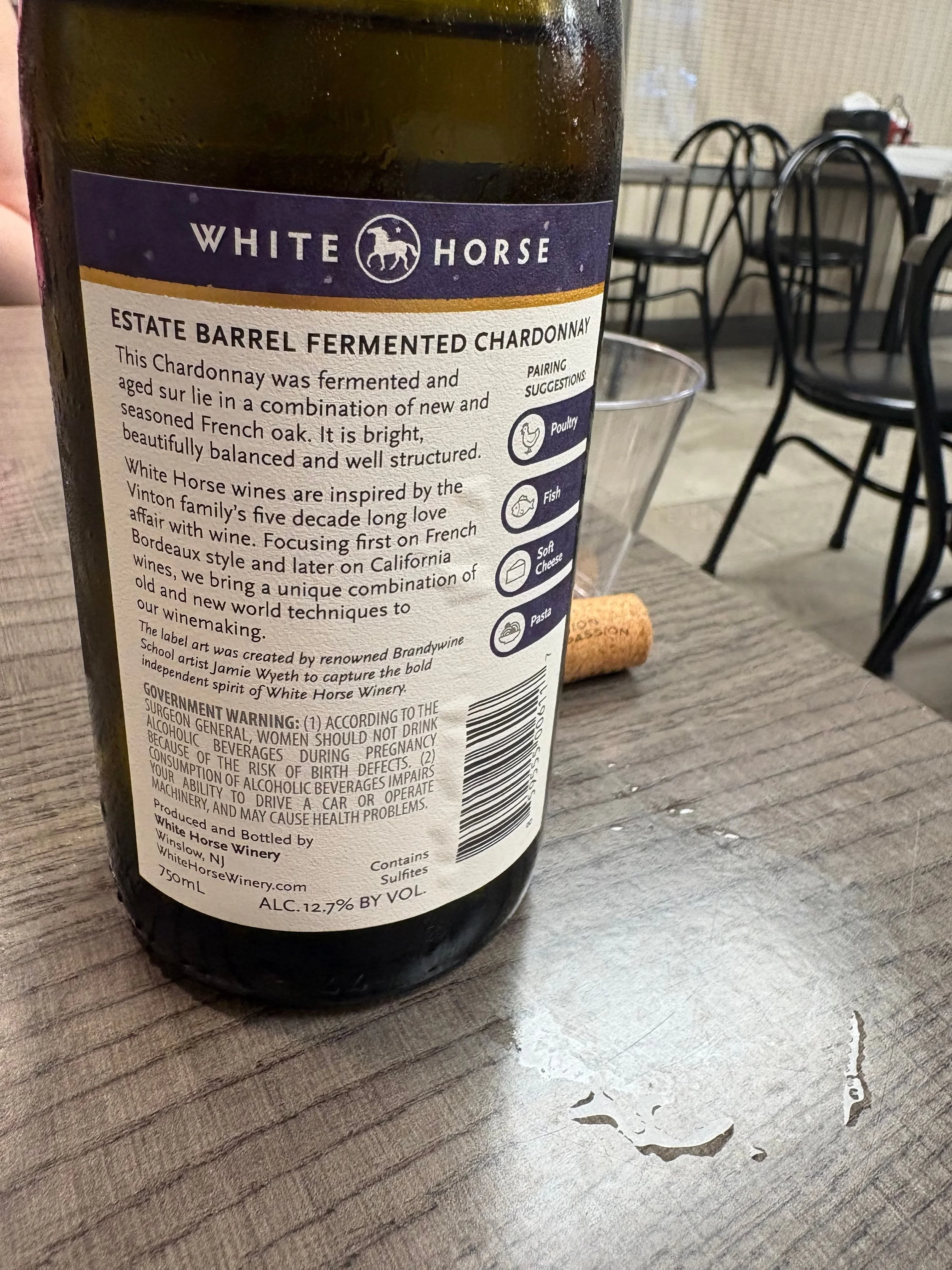 Back label of White Horse Winery Estate Barrel Fermented Chardonnay from New Jersey