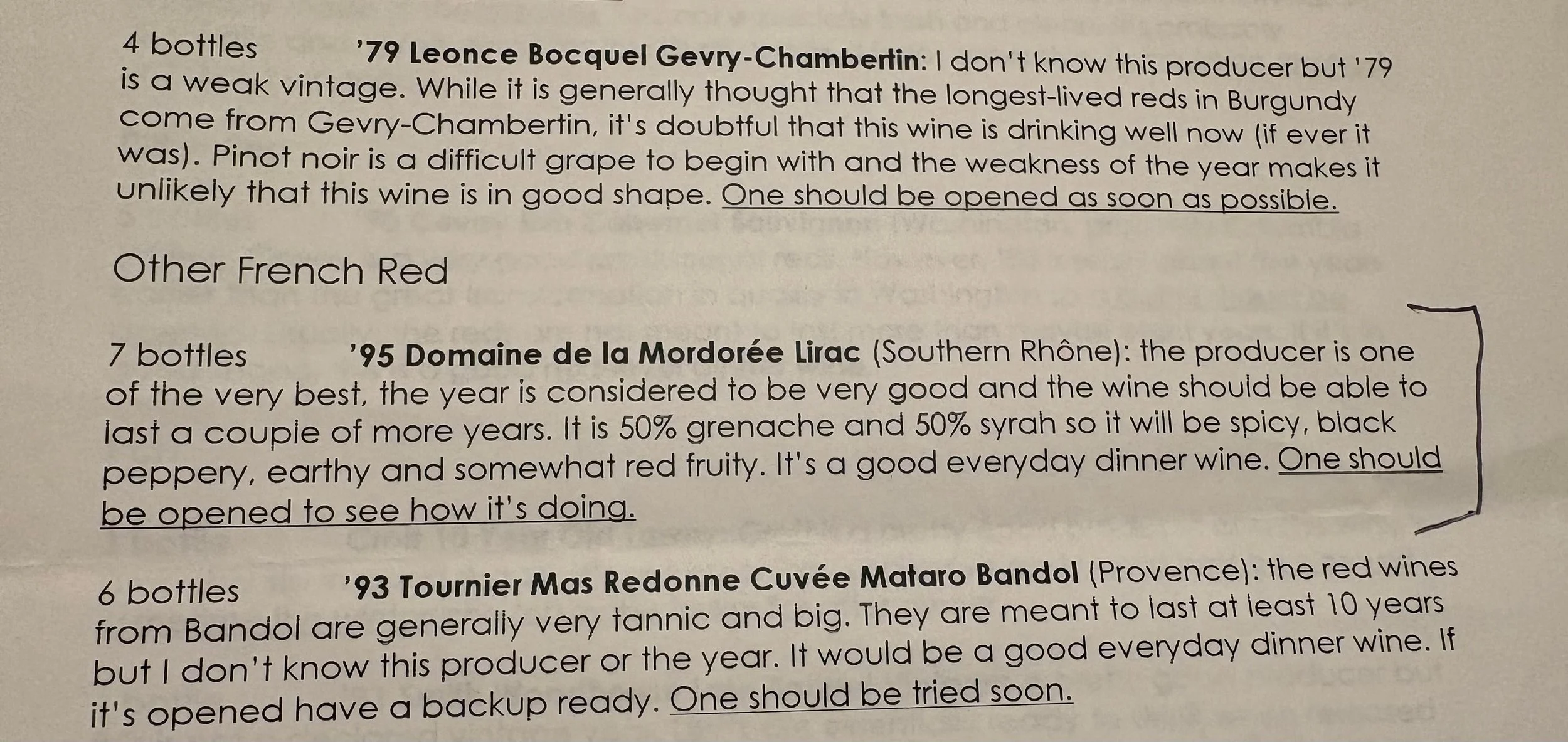 Wine inventory note describing the 1995 Domaine de la Mordorée Lirac and its aging potential