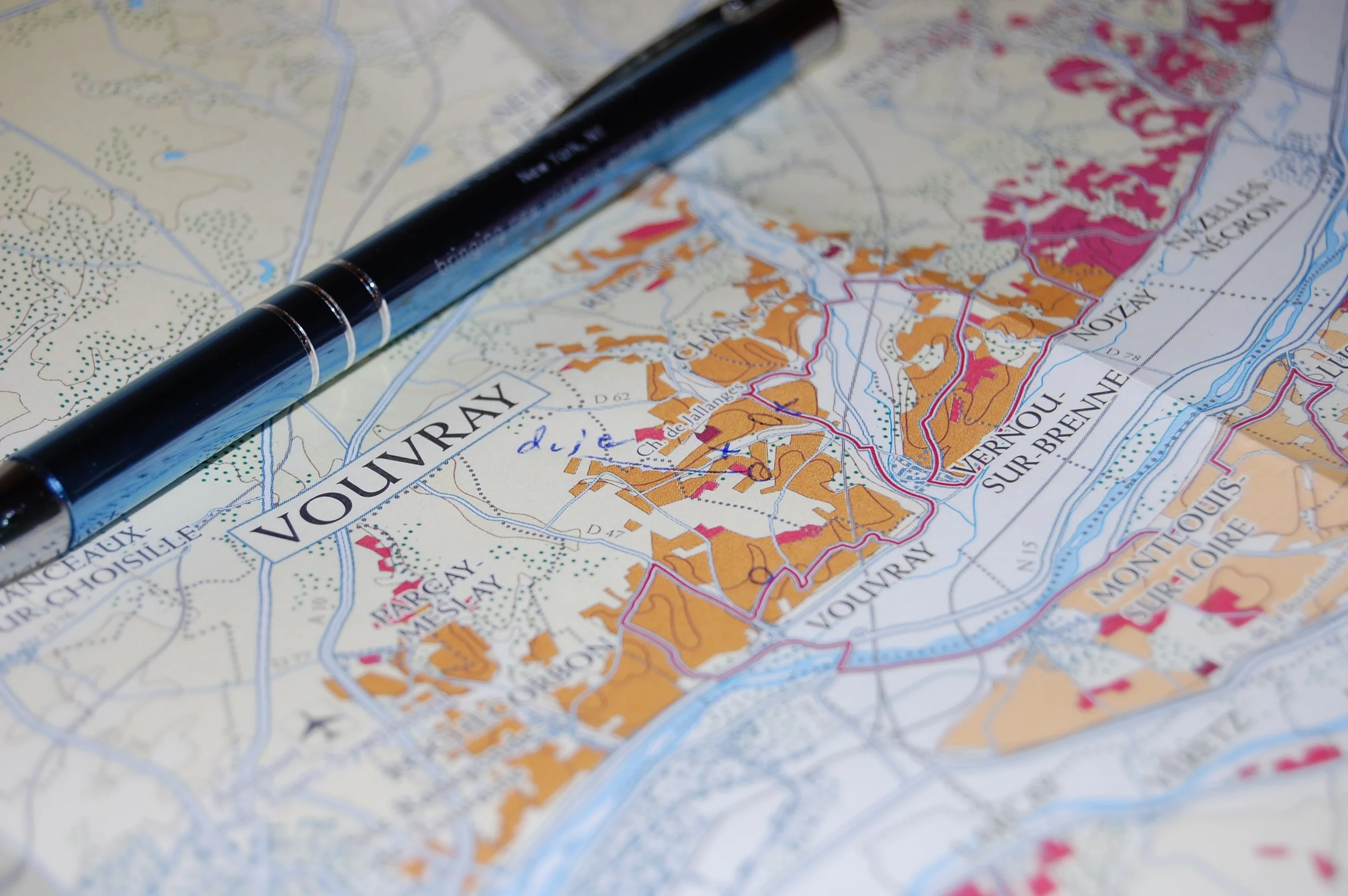 Map of the Vouvray wine region in France's Loire Valley, home to renowned Chenin Blanc vineyards and wineries