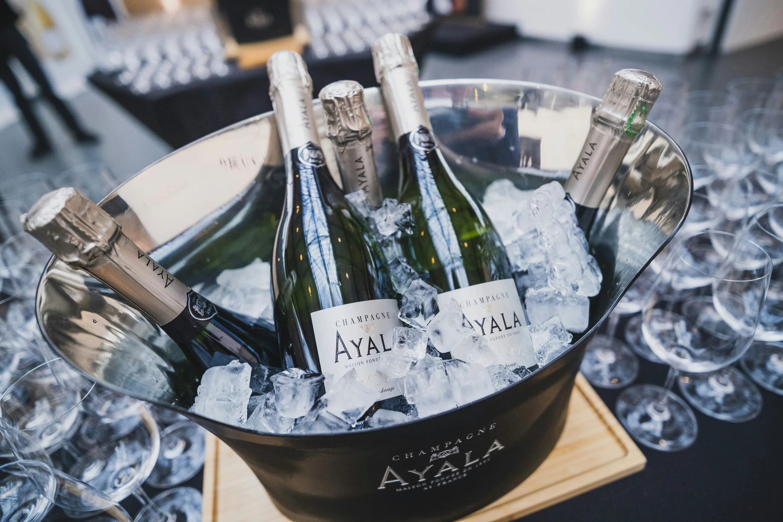 Wine bottles chilling in an ice bucket before a home wine tasting to ensure proper serving temperature.