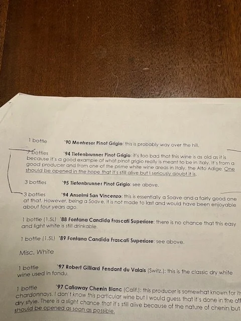 Notes on white wine vintages including Pinot Grigio with commentary on aging and drinkability