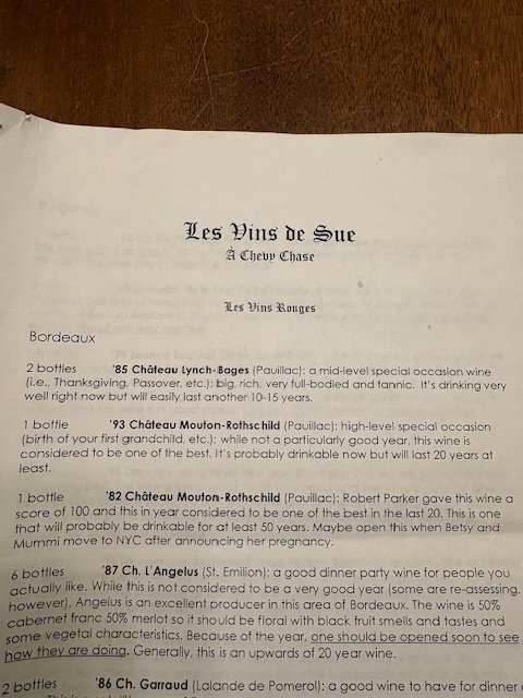 Wine list showing Bordeaux vintages and notes about aging and longevity of wines