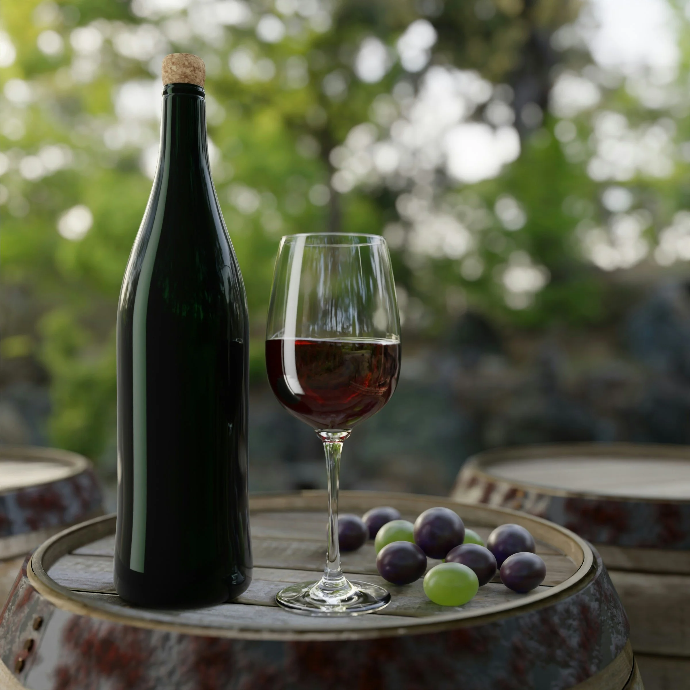 Glass of Cabernet Sauvignon with a wine bottle and grapes on a wooden barrel