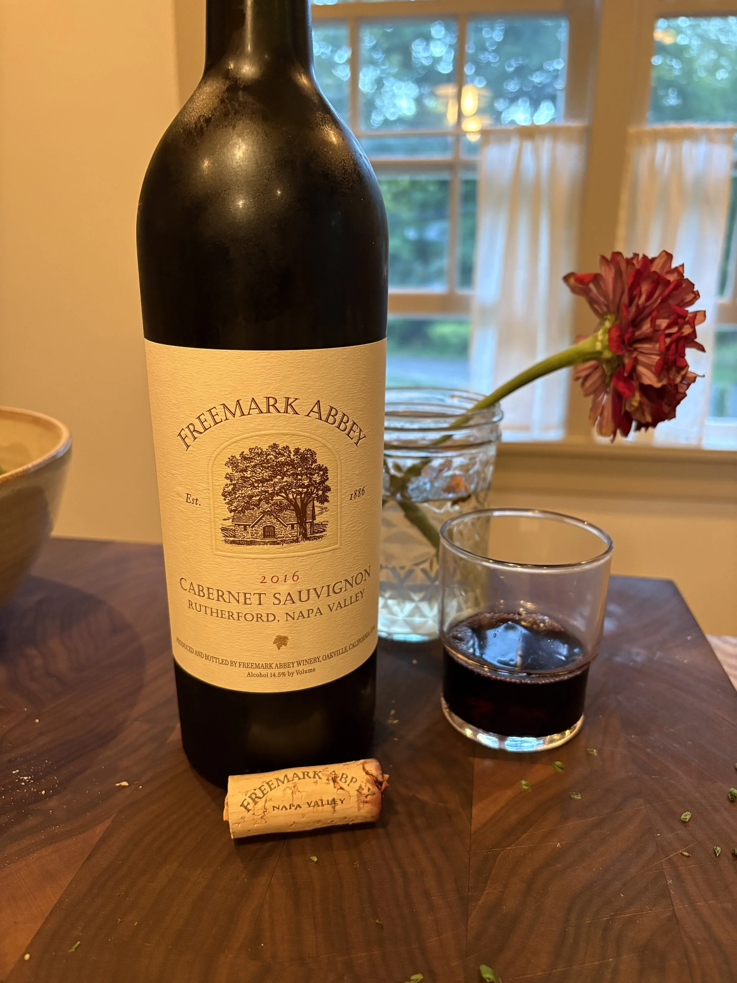 2016 Freemark Abbey Rutherford Cabernet Sauvignon from Napa Valley with a glass of red wine