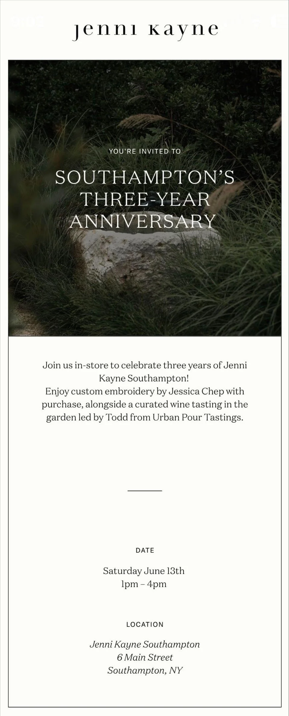 Invitation for the Jenni Kayne Southampton three-year anniversary celebration featuring a curated wine tasting experience hosted by Urban Pour Tastings.