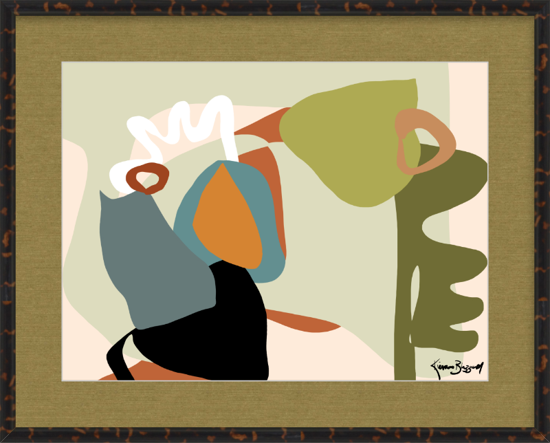 24x18 30.9x24.9 contemporary garden abstract print with olive silk mat and tortoise shell frame