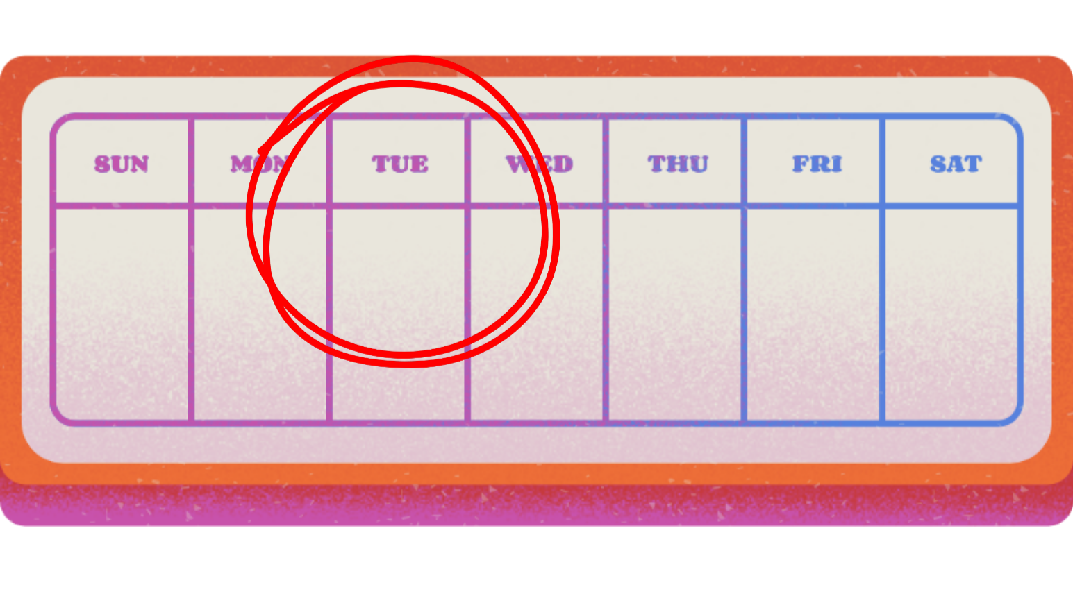 A calendar week starting Sunday and ending Saturday with Tuesday circled in red.